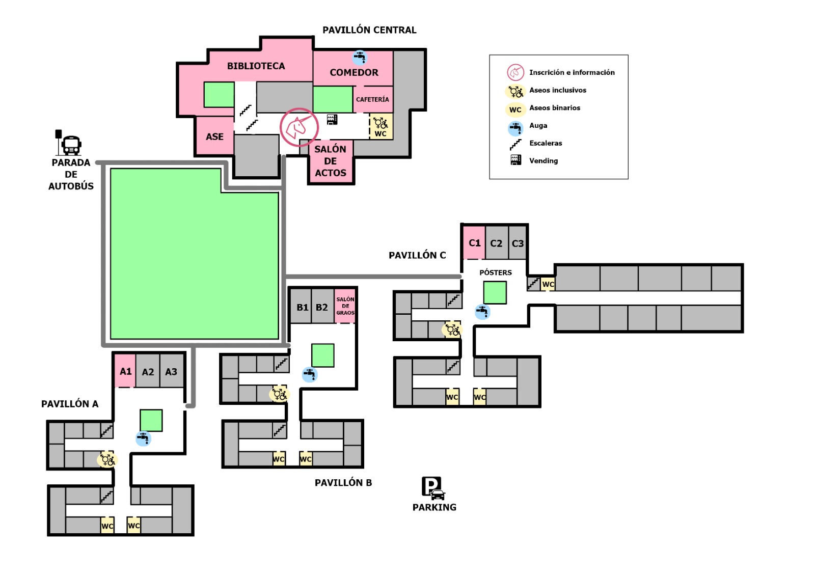 Plano de la facultad. Consiste de cuatro pabellones diferenciados: el pabellón central, donde están las inscripciones e información, la cafetería, la biblioteca, el aula ASE y el salón de actos, y los pabellones A, B y C, donde se encuentran respectivamente el aula A1, el salón de grados y el aula C1. Los pósters también se encuentran en el pabellón C. Todos los edificios cuentan con grifo de agua potable y baños tanto inclusivos como binarios.